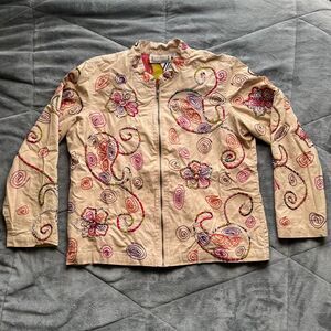 Vintage Y2K tan lightweight jacket with multicolor embroidery
